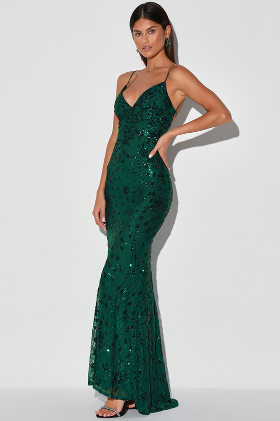 Glam Forest Green Dress - Sequin Maxi ...